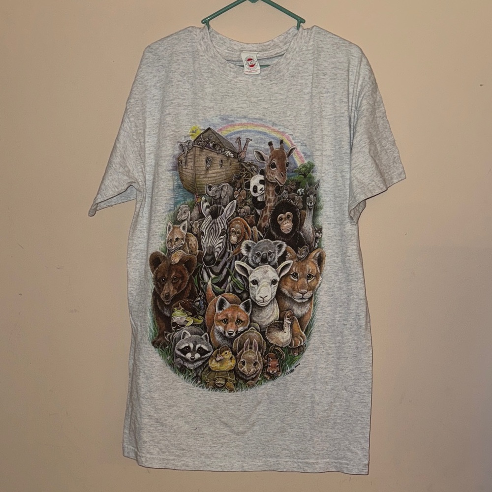 Katz One Size Noah’s Ark Vintage Gray Graphic T-Shirt with Animal Print